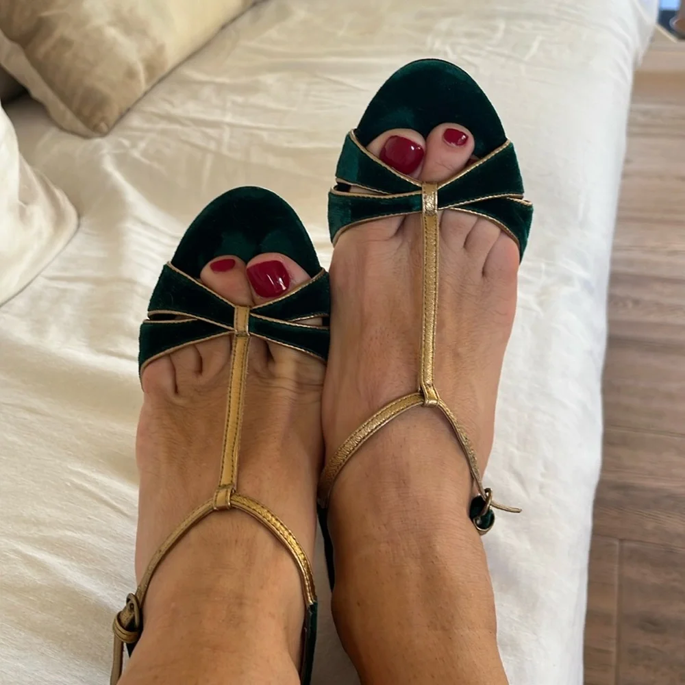 Neiman Marcus Brand New Pura López Green Velvet gold metallic sexy hot 7 Cute♥️ - Picture 5 of 12